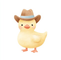 Adorable Watercolor Duckling in a Cowboy Hat, charming and cheerful, perfect for kids illustrations.