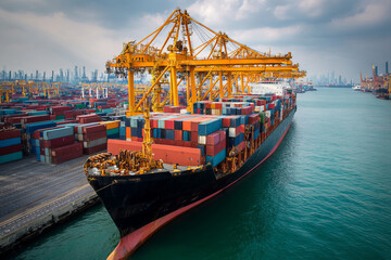 Fototapeta premium Cargo ship loading containers at industrial port with cranes at sunset