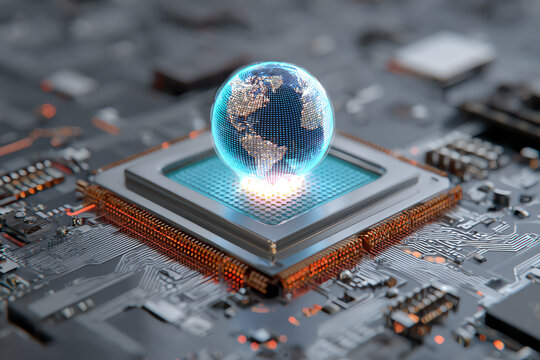 Global Connection: A radiant representation of the Earth rests atop a central processing unit (CPU) on a motherboard, signifying the interconnectedness of our world through technology. - Powered by Adobe