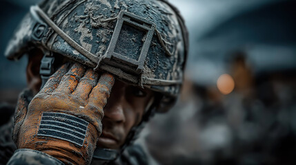 A soldier in camouflage salutes at a military cemetery under cloudy skies honoring fallen heroes