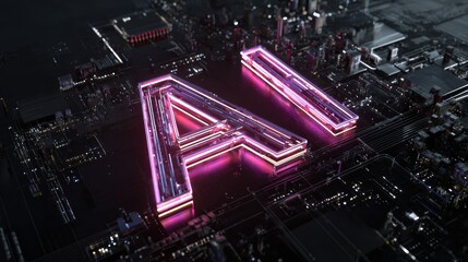 Futuristic aerial view of a glowing 'AI' symbol illuminated in vibrant neon colors over a digital landscape.
