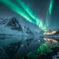 Snowy winter landscape with dramatic Northern Lights glowing above mountain range, mirrored in glassy lake, under breathtakingly clear Arctic starry sky.