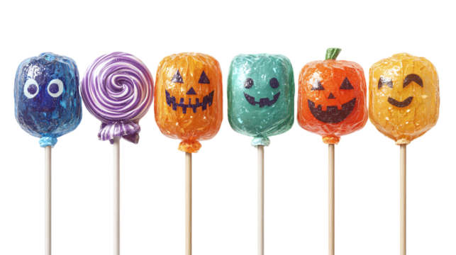 HD realistic clipart set of carnival-style Halloween lollipops isolated on transparent background