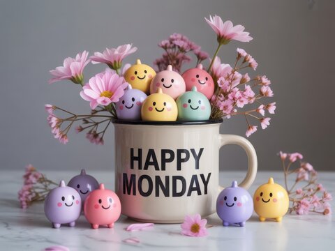 Cute colorful smiling egg shaped characters with happy monday mug and delicate pink flowers on a light surface