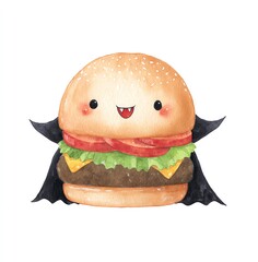 Adorable Watercolor Burger Dressed as a Vampire,Smiling Cheerfully Against a White Background