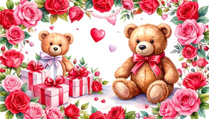 Heart-shaped floral frame, teddy bears, gifts