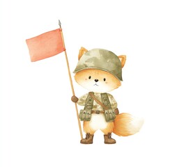 Adorable Watercolor Fox in Military Attire, Holding a Flag, on White Background