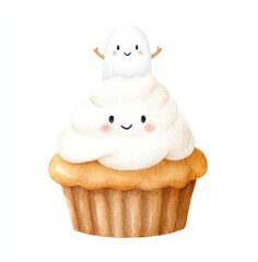 Adorable Watercolor Clipart A Happy Ghost Perched on a Sweet Cupcake, Delightful Treat