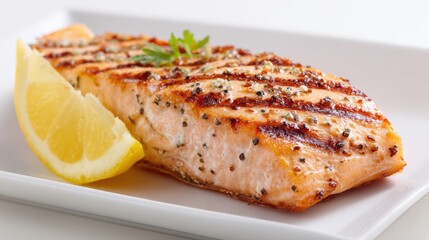 Grilled salmon fillet garnished with herbs and served with a lemon wedge, perfect for a healthy meal.