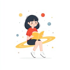 A young girl, serene and joyful, sits on Saturns rings, engrossed in a captivating book, amidst a starry backdrop.