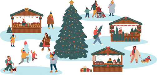 Christmas market with festive tree and people in winter holiday atmosphere