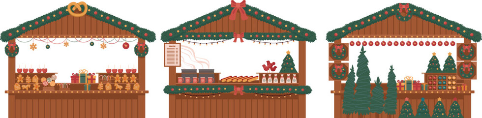 wooden stalls at Christmas market gingerbread, mulled wine, hot dogs