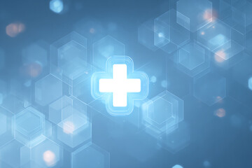 Obraz premium Symbol of Healthcare: A glowing white cross emblem floats within a captivating backdrop of blue, suggesting a digital landscape of health, medicine, and wellbeing.