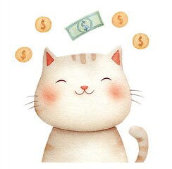 Adorable watercolor cat portrait, joyfully surrounded by coins and a bill, exuding happiness and prosperity.