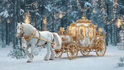 White horse pulling golden carriage with glowing lights through snowy winter forest in magical fairytale scene - Powered by Adobe
