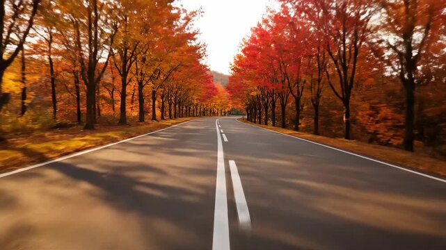 Driving on a scenic road through a colorful autumn forest. POV journey with vibrant red and orange fall foliage. Road trip and nature travel concept