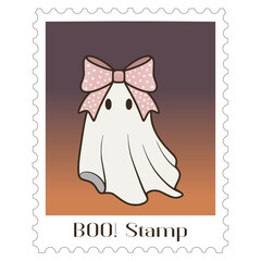 Coquette Cute spooky ghost wearing pink bow halloween postage stamp