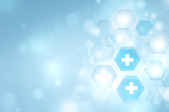 Digital Healthcare Hexagons: A sophisticated array of luminous, hexagonal shapes forms a cutting-edge digital healthcare concept on a serene backdrop.