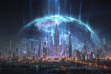 Fototapeta premium Digital Metropolis: A futuristic city skyline glows beneath an energy shield, symbolizing technological progress and interconnectedness.