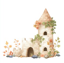 Enchanted Autumn Castle, Watercolor Charm A whimsical, stone tower nestled amongst vibrant fall leaves and rocks. Perfect for autumnal designs.