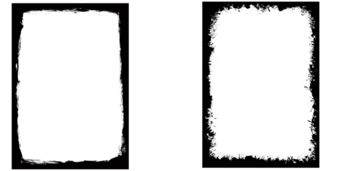 Two abstract rectangular frames with torn edges, one with a thick black border and the other with a thinner, rough black border, isolated on a transparent background