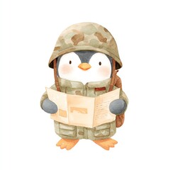 Adorable Penguin Soldier Watercolor art of a cute penguin in camouflage, reading a map, ready for adventure.