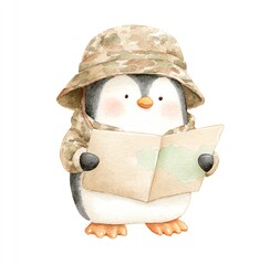 Adorable Penguin in Camo Outfit Reading a Map, Watercolor Illustration