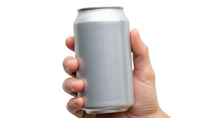 A hand holding a silver aluminum can of soda, isolated on a transparent background