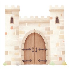 Enchanted Castle Gate Watercolor Art, Majestic Stone Walls, Brown Wooden Doors, Medieval Charm, Whimsical Illustration