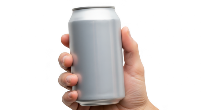 A hand holding a silver aluminum can of soda, isolated on a transparent background