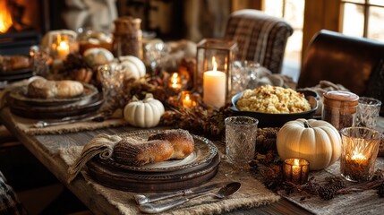 Fototapeta premium Thanksgiving dinner table styled with rustic décor.