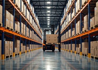 Forklift transporting boxes in a spacious warehouse with organized shelving, showcasing efficient logistics and storage solutions in a modern industrial environment