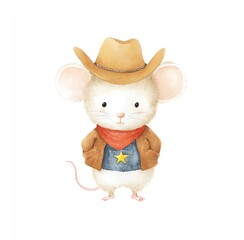Fototapeta premium Charming Watercolor Illustration of a Mouse Dressed as a Cowboy, with a Star on its Shirt