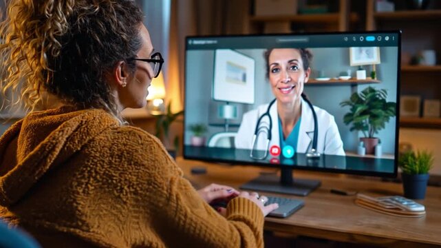 Telemedicine Consultation: A woman sits before her computer screen, engaged in a virtual consultation with a doctor, symbolizing the modern accessibility and convenience of remote healthcare.