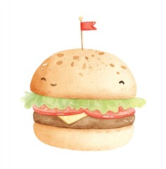 Adorable Watercolor Burger Clipart, Happy Face, Sesame Bun, Lettuce, Tomato, Cheese, and a Tiny Flag