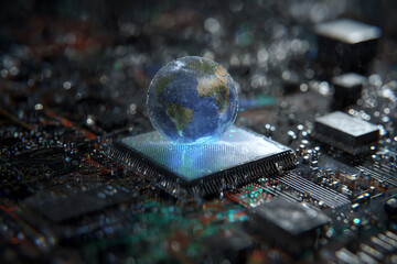 Global Network: A globe superimposed onto a circuit board, symbolizing the interconnectedness of technology and its impact on the world.
