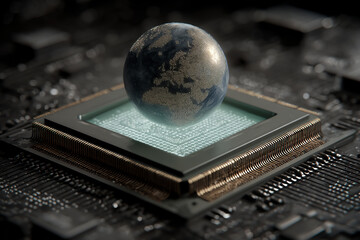 Global Connection: A mesmerizing visualization of the Earth resting on a computer chip, symbolizing the interconnectedness of the digital world.