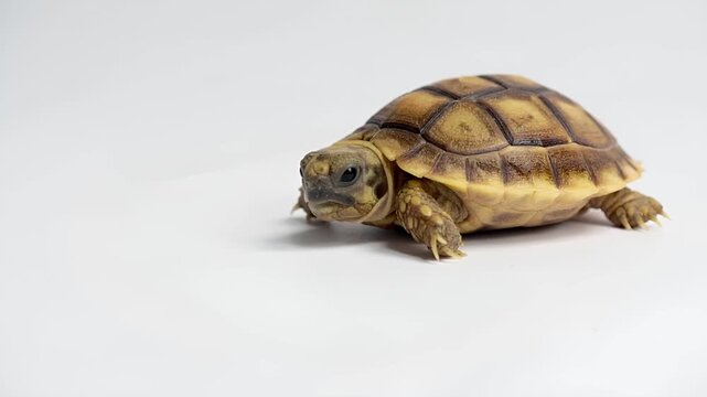 白い背景に甲羅の質感が際立つ小さなカメのミニマル素材
