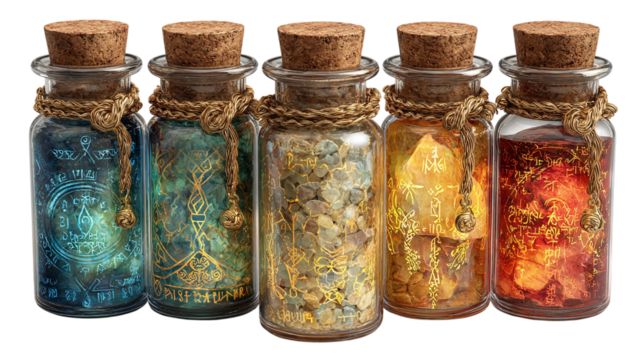 HD realistic clipart set of crystal potion vials with glowing runes isolated on transparent background 