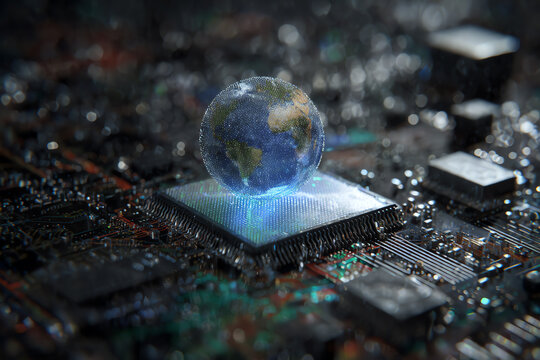 Global Network: A globe superimposed onto a circuit board, symbolizing the interconnectedness of technology and its impact on the world. - Powered by Adobe