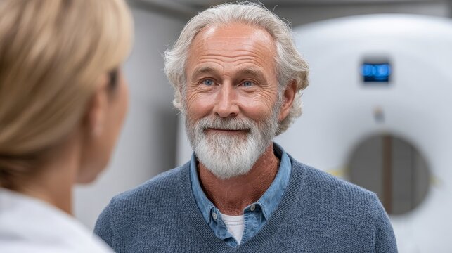 Caucasian elderly man discussing ct scan results with doctor at hospital medical analysis for cure calm environment