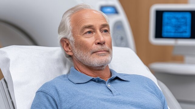Elderly man undergoing ct scan analysis by doctor in hospital for cure calm environment close-up viewpoint