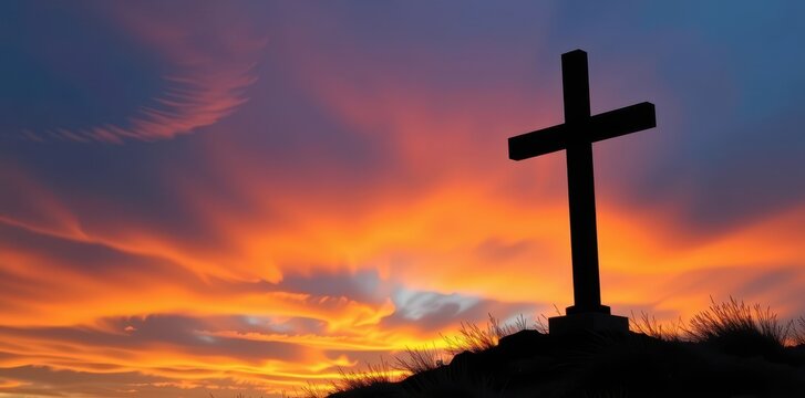 Silhouette of a dark cross set against a vibrant, colorful sunset sky, creating a dramatic and evocative image, sunset, hope