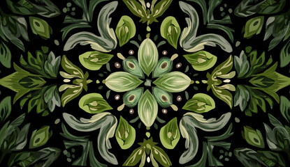 Intricate green floral mandala pattern on black background
