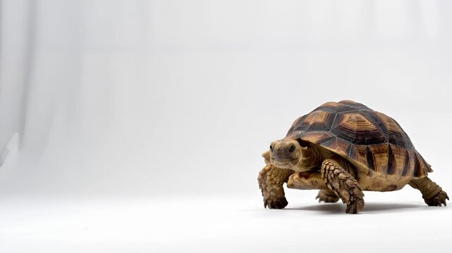 白い背景に甲羅のディテールが映えるリクガメの素材
