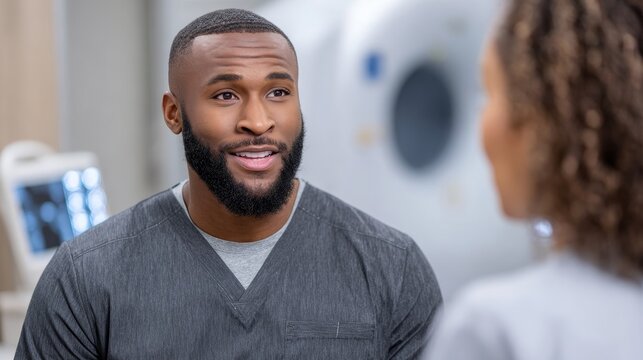 Hispanic male patient prepares for ct scan analysis hospital setting medical consultation indoor patient care and diagnosis