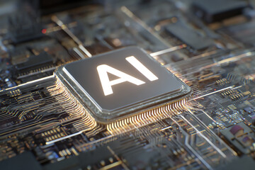 AI Chip: The image highlights an illuminated AI chip nestled within a circuit board. It symbolizes the convergence of innovation and technological advancements. The chip, prominently displaying AI.