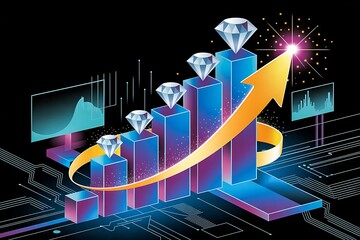 Abstract bar graph with diamonds and an upward trending arrow on a circuit board chart statistics