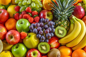 Abundant Assortment Of Fresh, Ripe Fruits Including Strawberries Apples Grapes And Pineapple Keywords: fruit, fresh, ripe, healthy, food, assortment