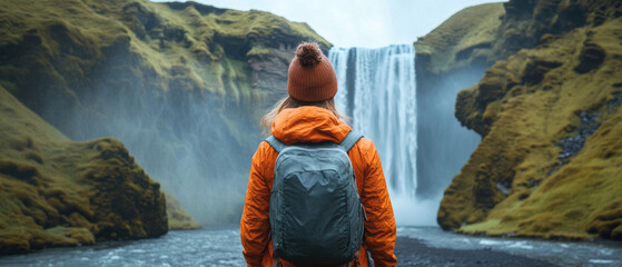 A traveler wearing bright clothes by a waterfall is useful for articles about tourism, adventure, and outdoor activities.